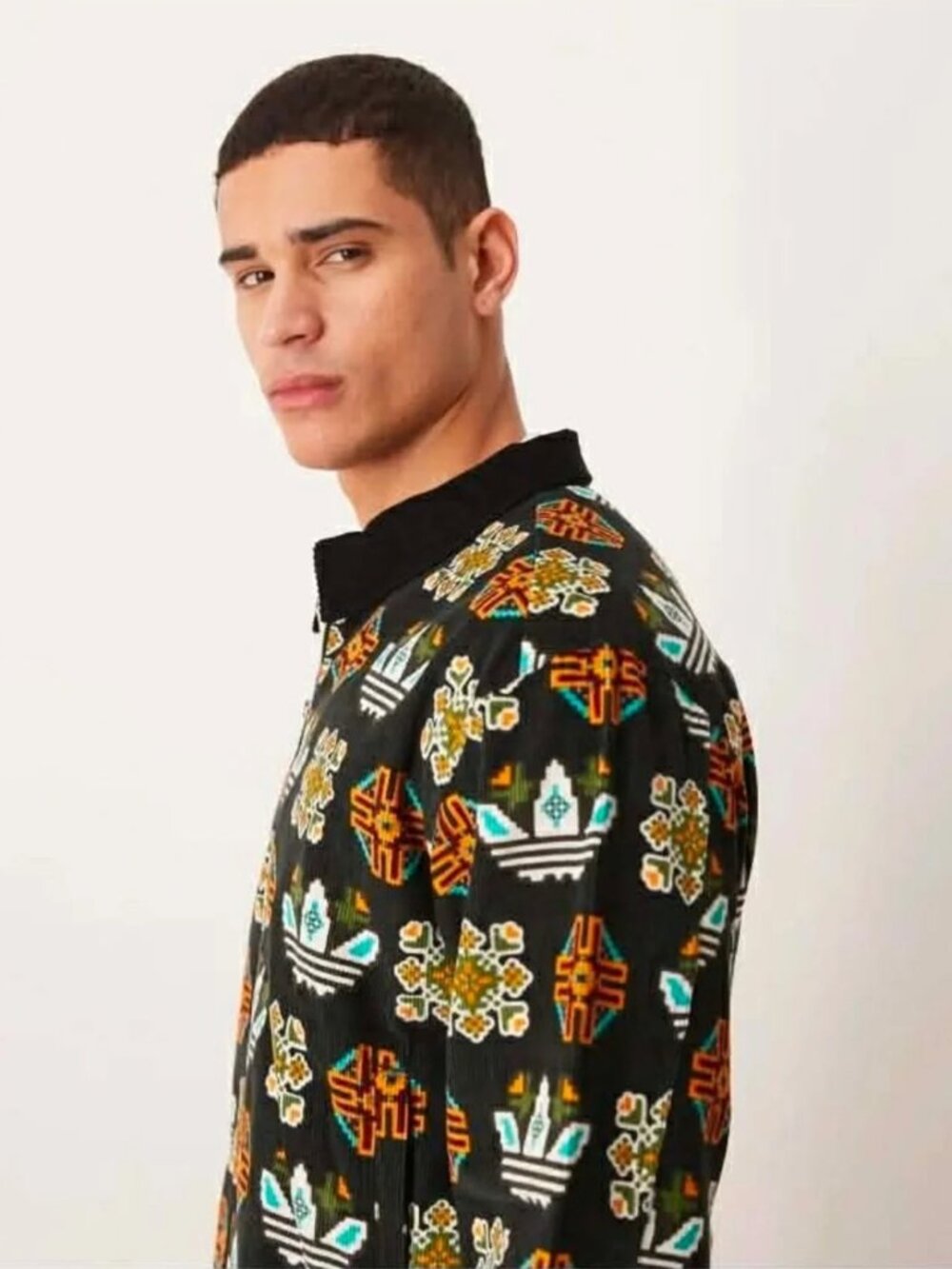Adidas Black Ccorduroy Monogram Allover Print Loose Coach Jacket M - Picture 4 of 16
